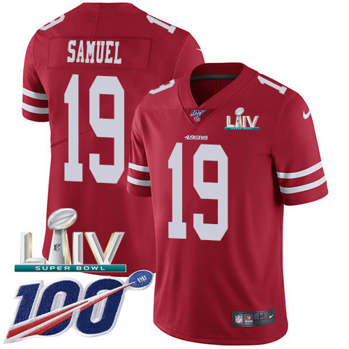 San Francisco 49ers Nike #19 Deebo Samuel Red Super Bowl LIV 2020 Team Color Youth Stitched NFL 100th Season Vapor Limited Jersey